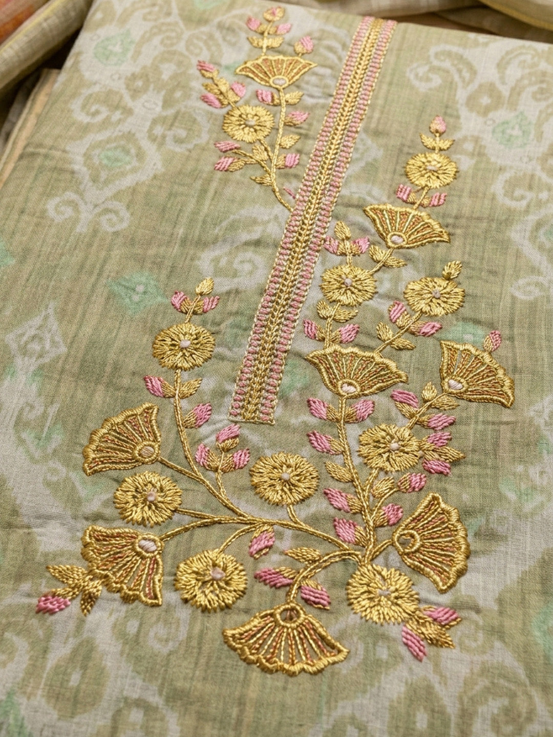 Pista Green Embroidery Cotton Blend Unstitched Dress Material