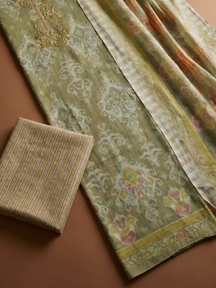 Pista Green Embroidery Cotton Blend Unstitched Dress Material