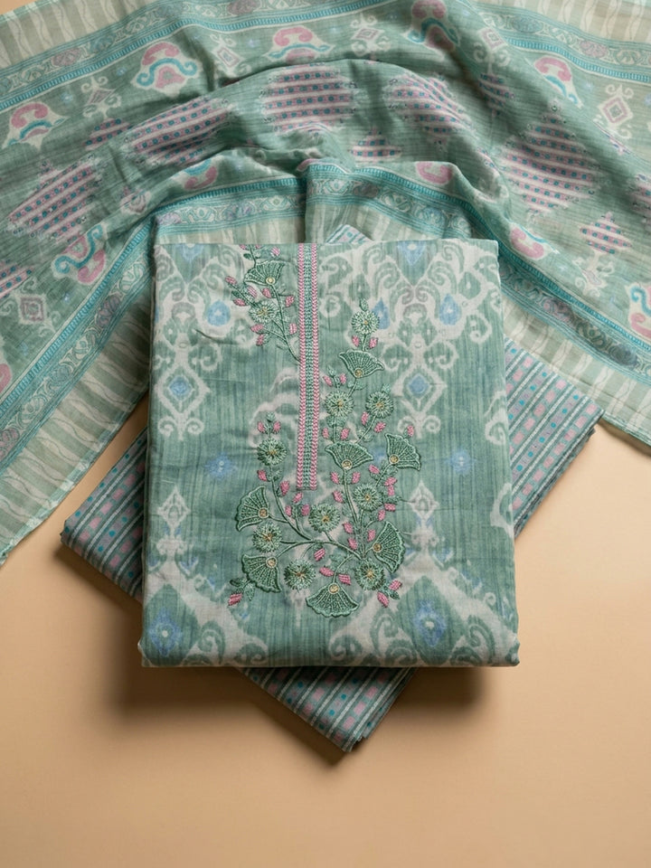 Rama Green Embroidery Cotton Blend Unstitched Dress Material