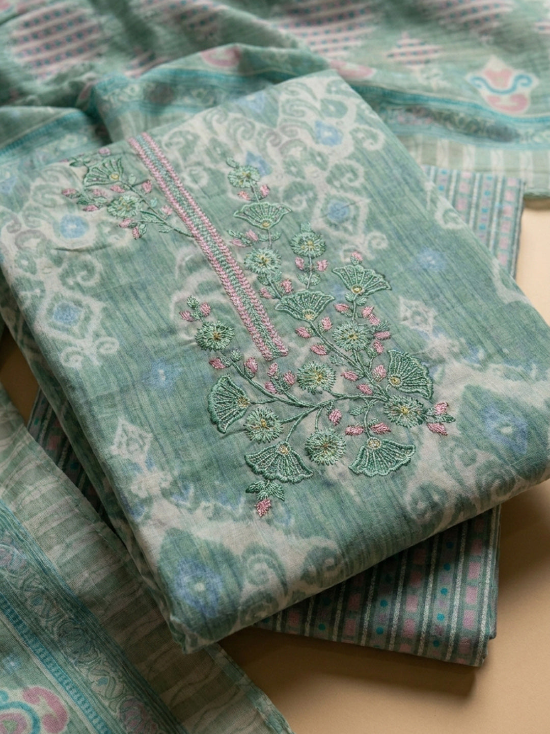 Rama Green Embroidery Cotton Blend Unstitched Dress Material