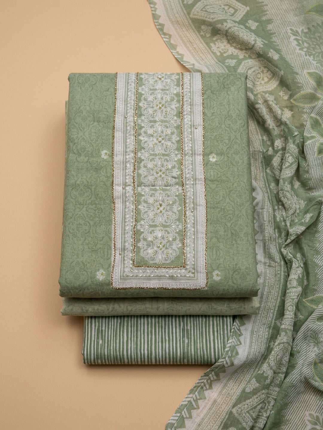 Aqua Green Printed Cotton Blend Unstitched Dress Material