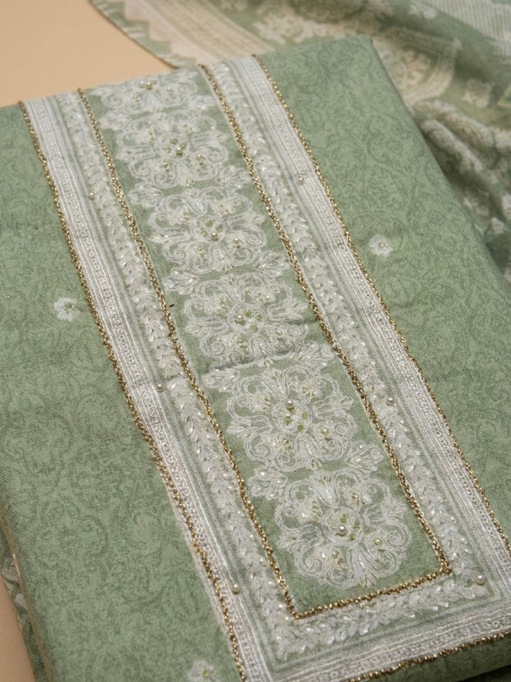 Aqua Green Printed Cotton Blend Unstitched Dress Material