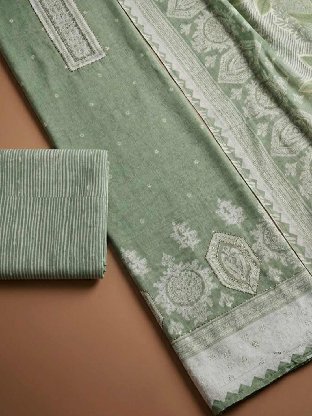 Aqua Green Printed Cotton Blend Unstitched Dress Material
