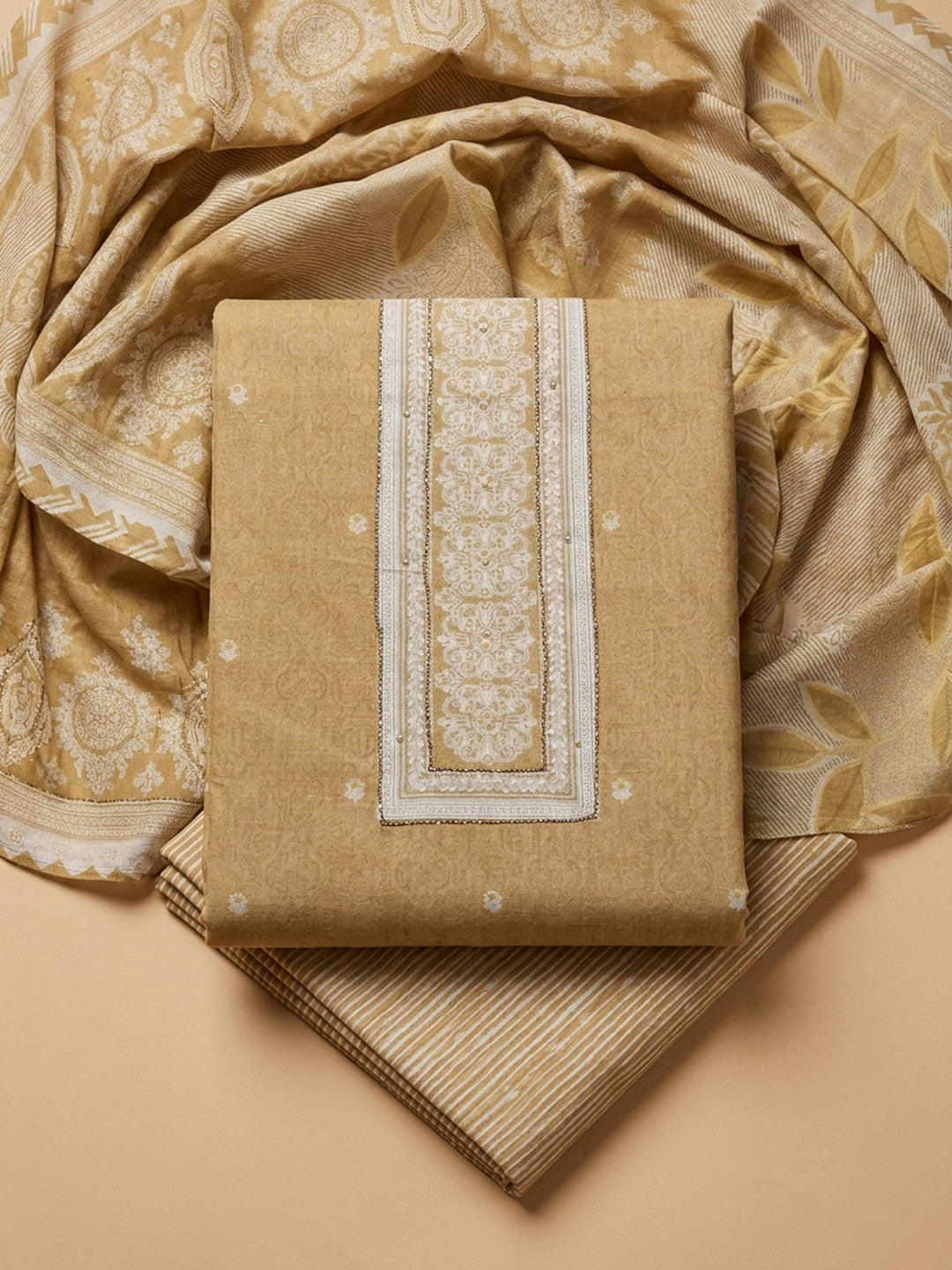 Beige Printed Cotton Blend Unstitched Dress Material