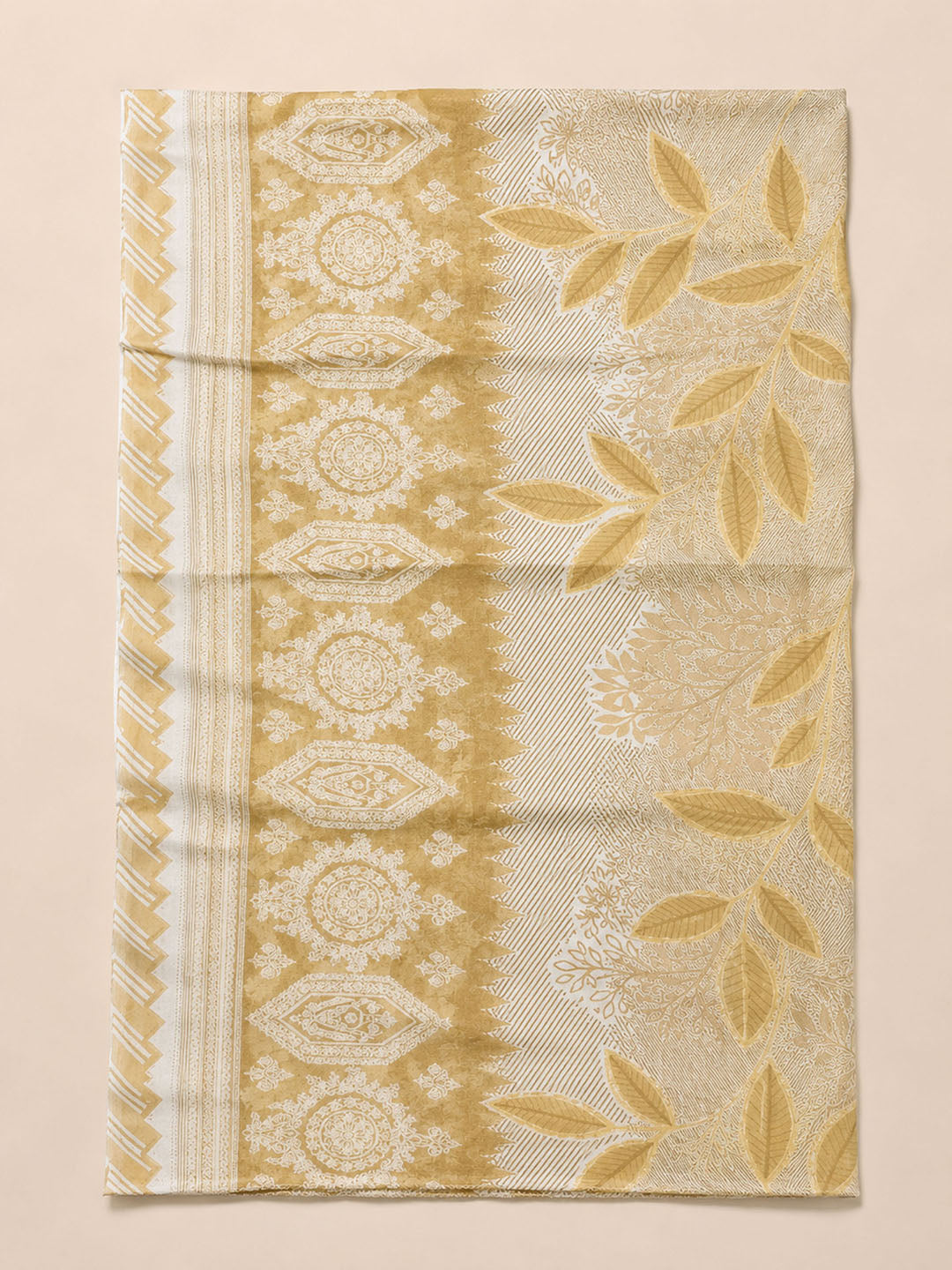 Beige Printed Cotton Blend Unstitched Dress Material