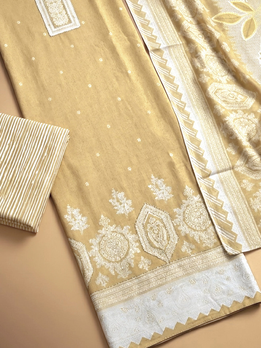 Beige Printed Cotton Blend Unstitched Dress Material