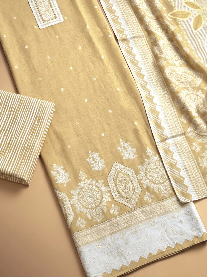 Beige Printed Cotton Blend Unstitched Dress Material