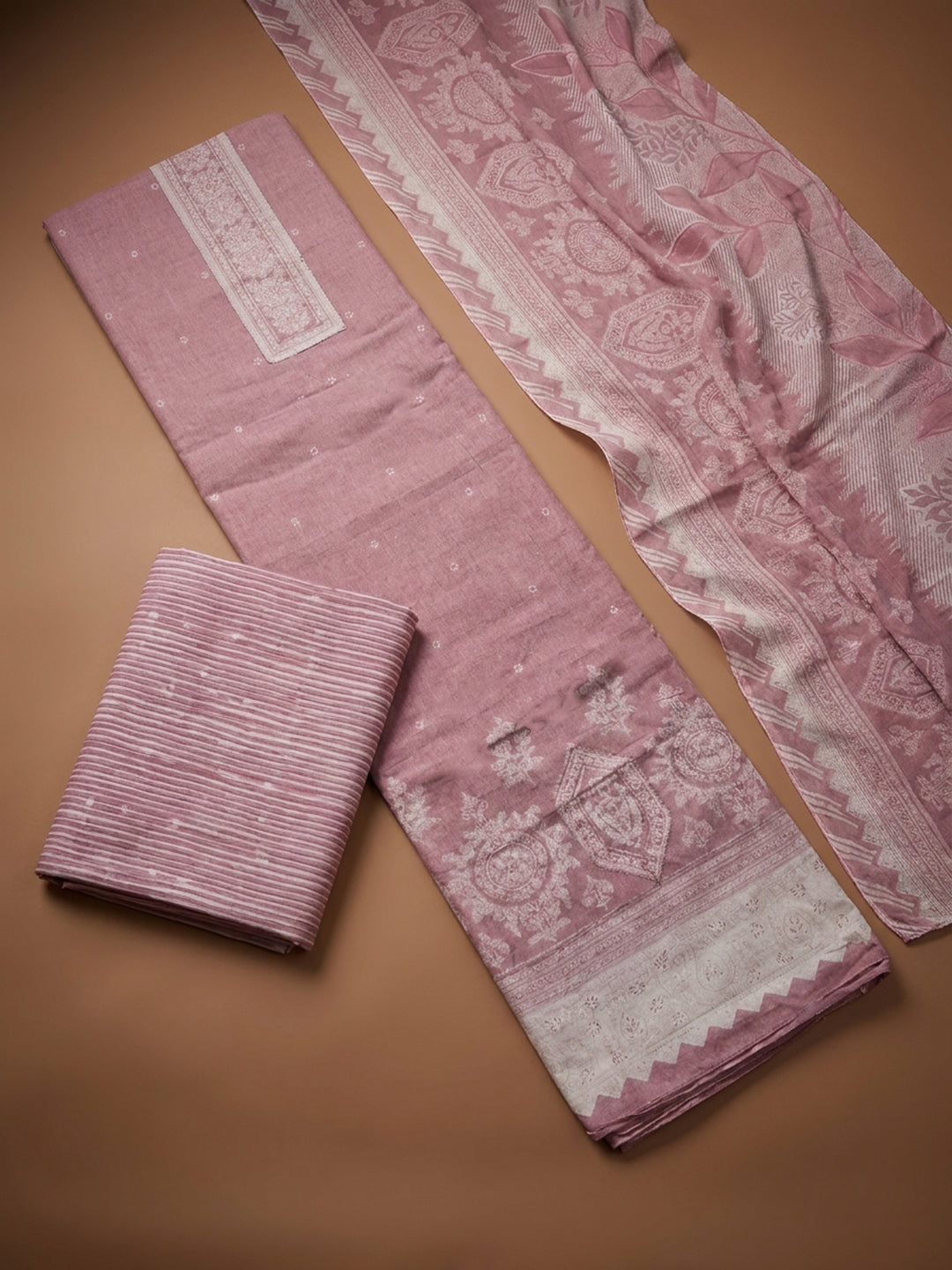 Dull Pink Printed Cotton Blend Unstitched Dress Material