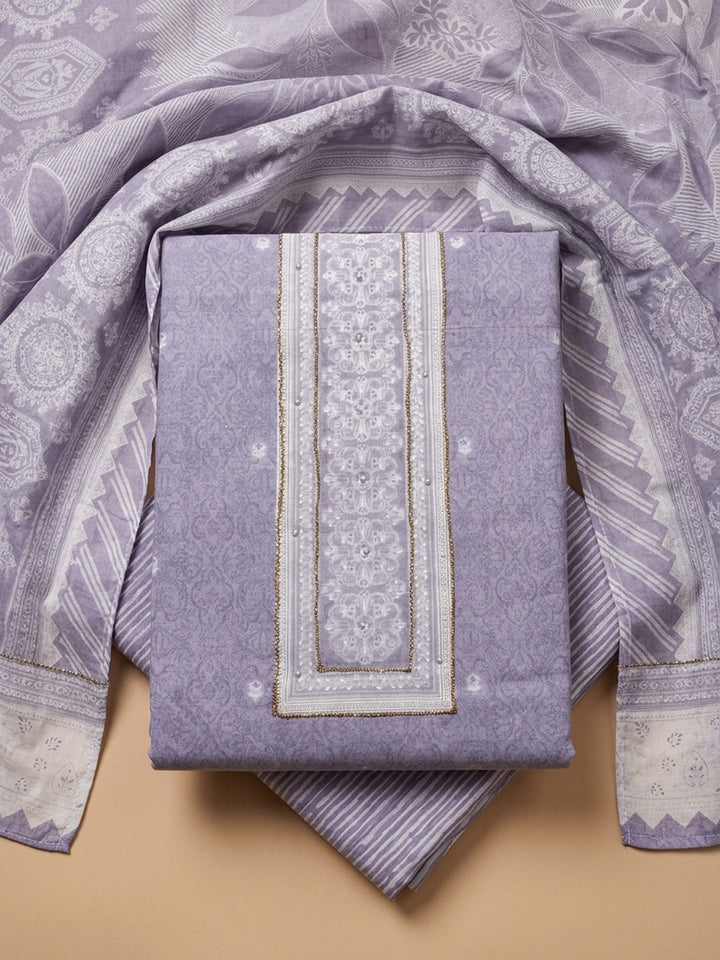 Purple Printed Cotton Blend Unstitched Dress Material