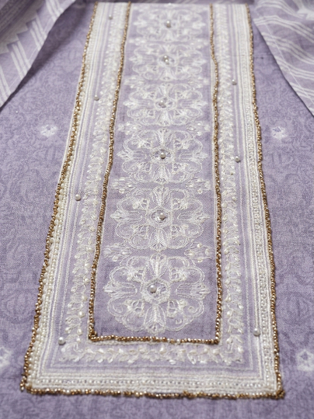 Purple Printed Cotton Blend Unstitched Dress Material