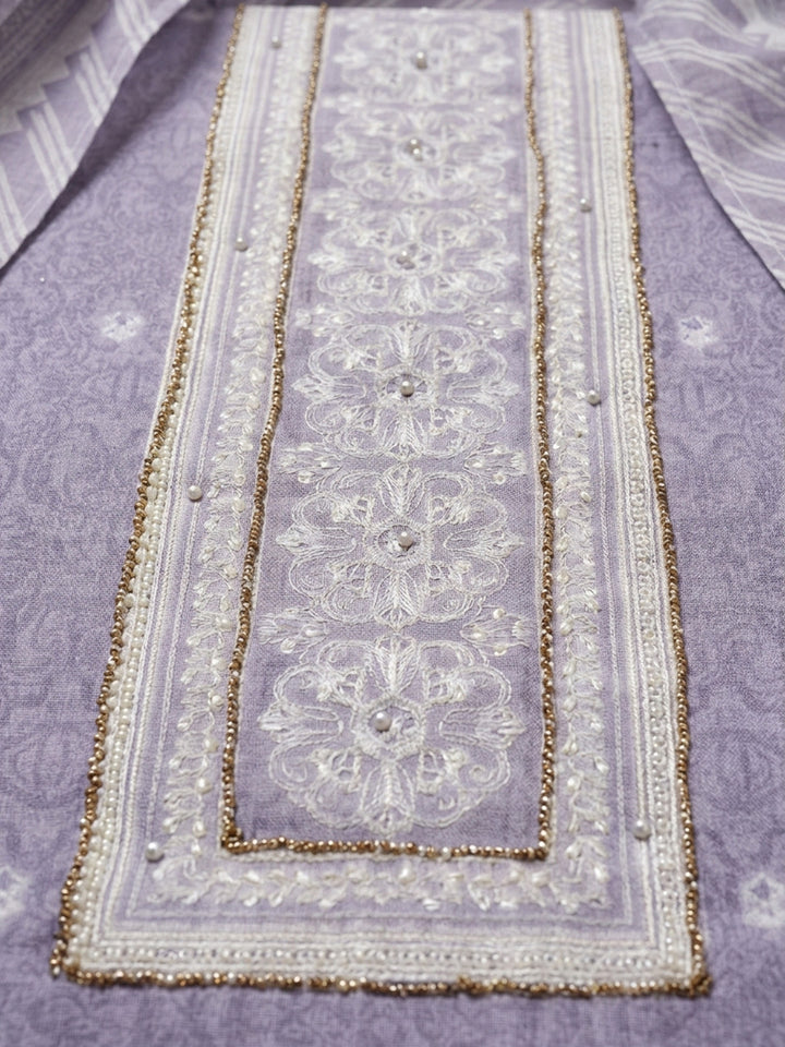 Purple Printed Cotton Blend Unstitched Dress Material