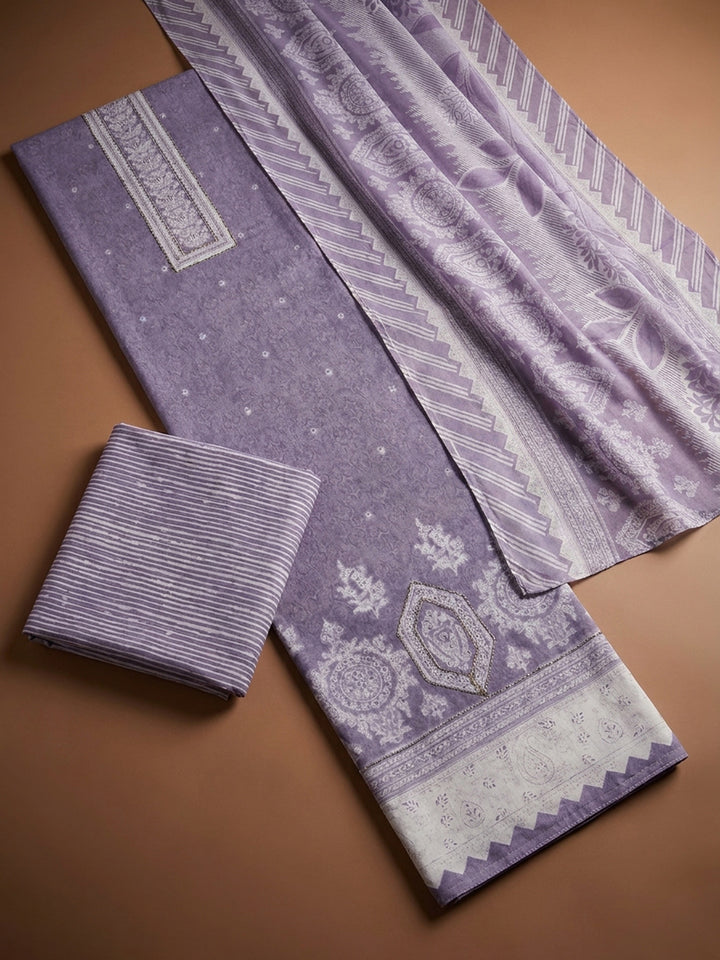 Purple Printed Cotton Blend Unstitched Dress Material