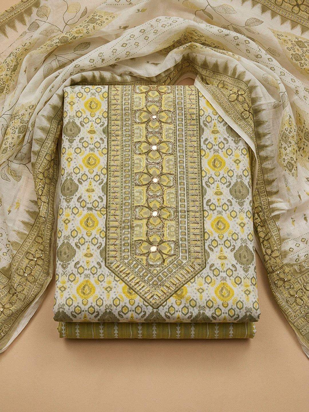 Mustard Printed Cotton Blend Unstitched Dress Material