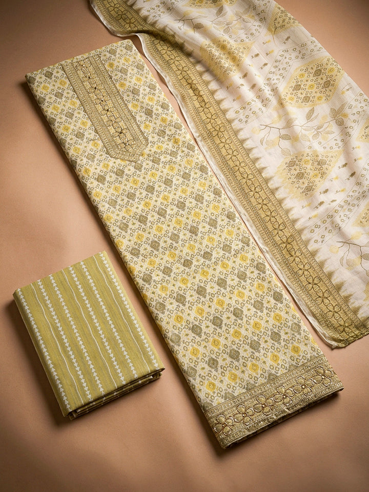 Mustard Printed Cotton Blend Unstitched Dress Material