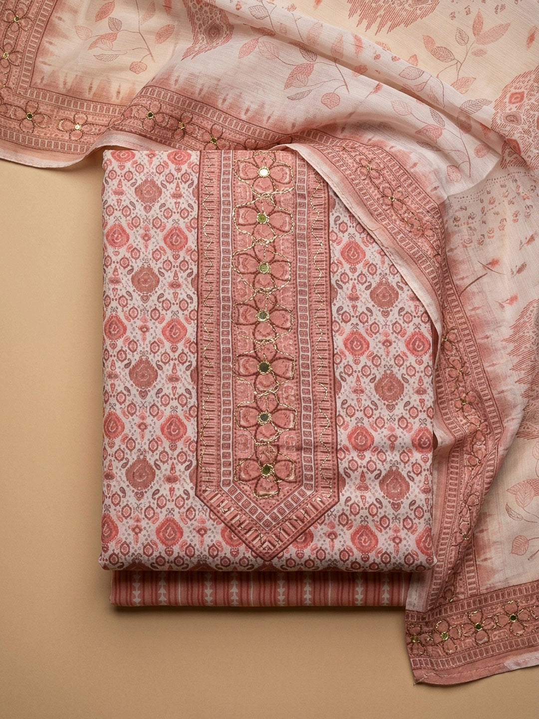 Peach Printed Cotton Blend Unstitched Dress Material