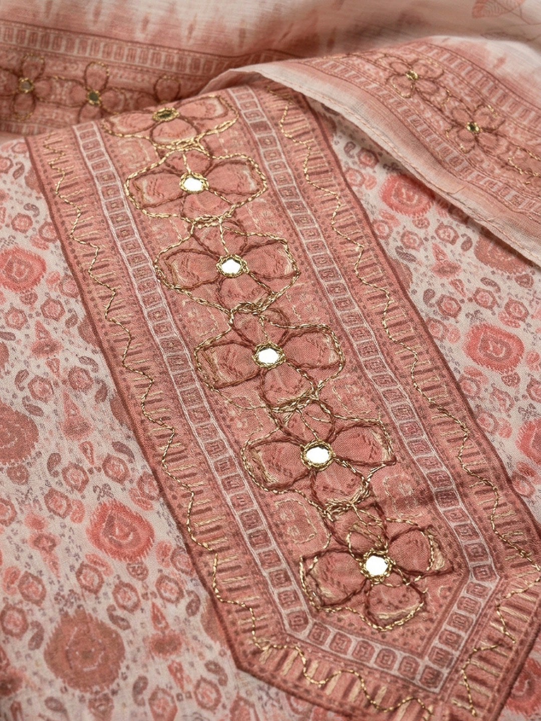 Peach Printed Cotton Blend Unstitched Dress Material