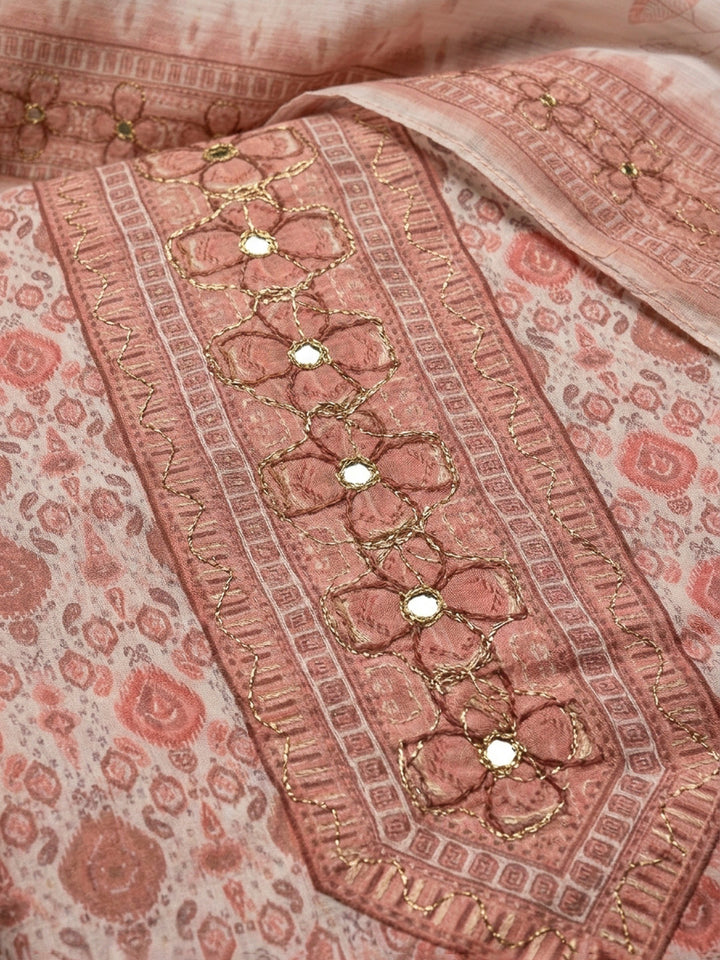 Peach Printed Cotton Blend Unstitched Dress Material