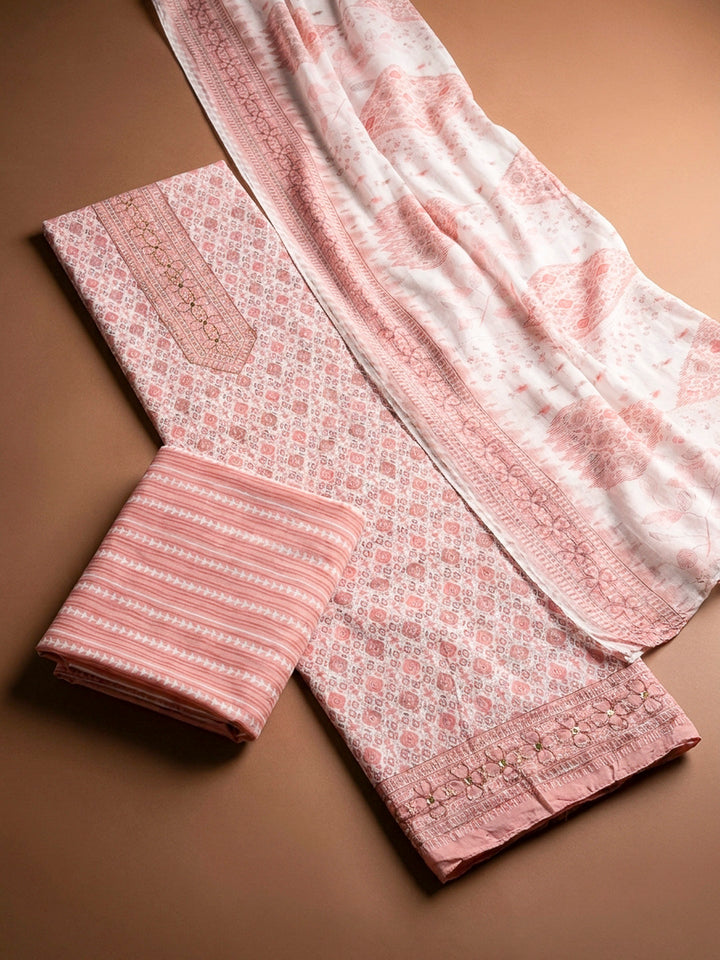 Peach Printed Cotton Blend Unstitched Dress Material