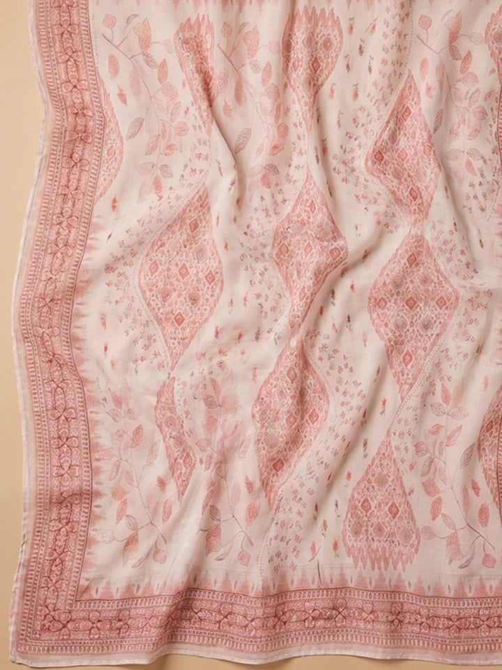 Peach Printed Cotton Blend Unstitched Dress Material