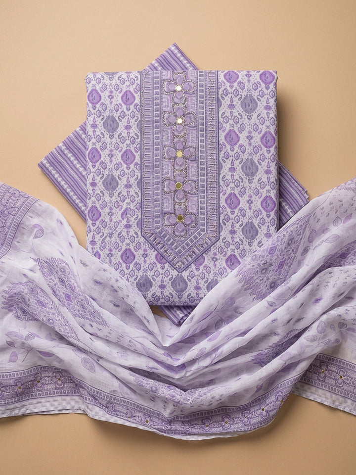Purple Printed Cotton Blend Unstitched Dress Material