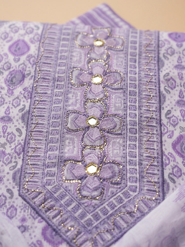 Purple Printed Cotton Blend Unstitched Dress Material