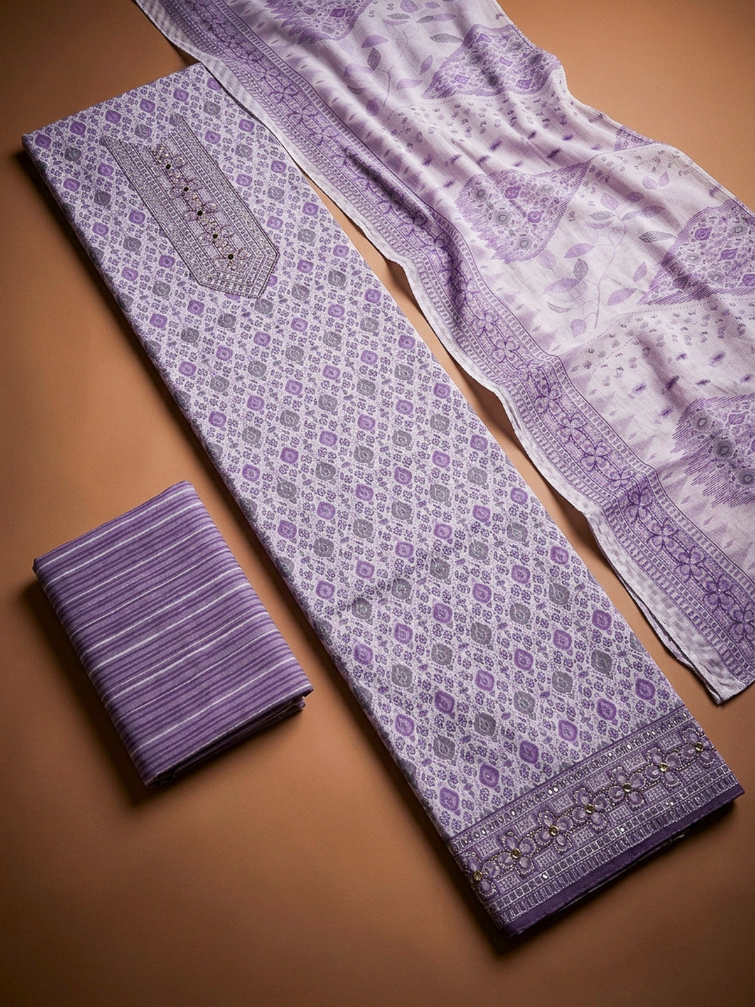 Purple Printed Cotton Blend Unstitched Dress Material