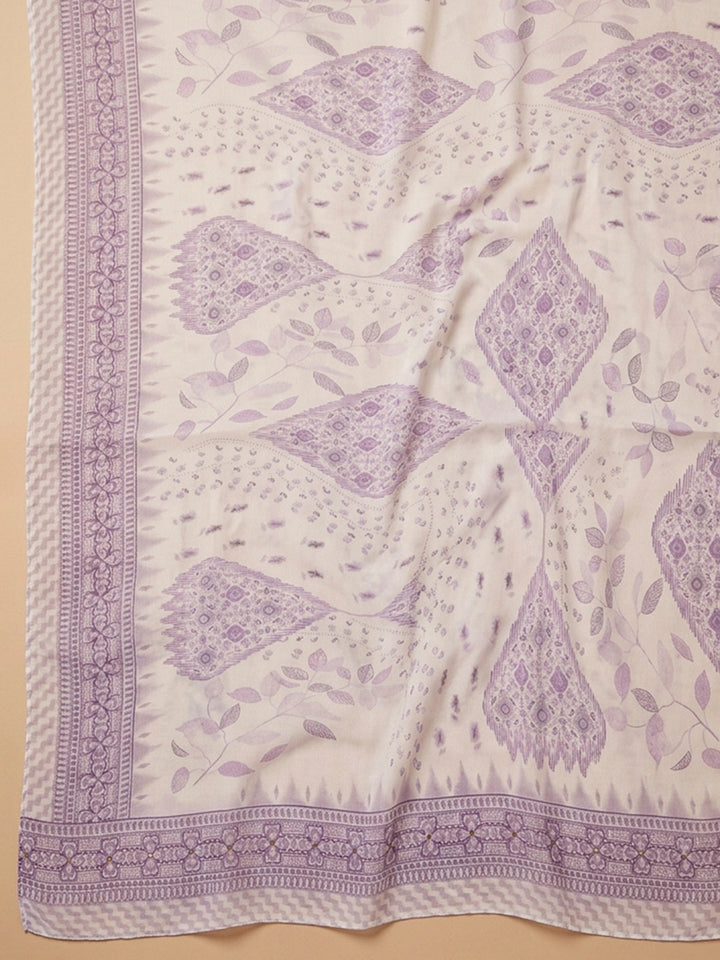 Purple Printed Cotton Blend Unstitched Dress Material