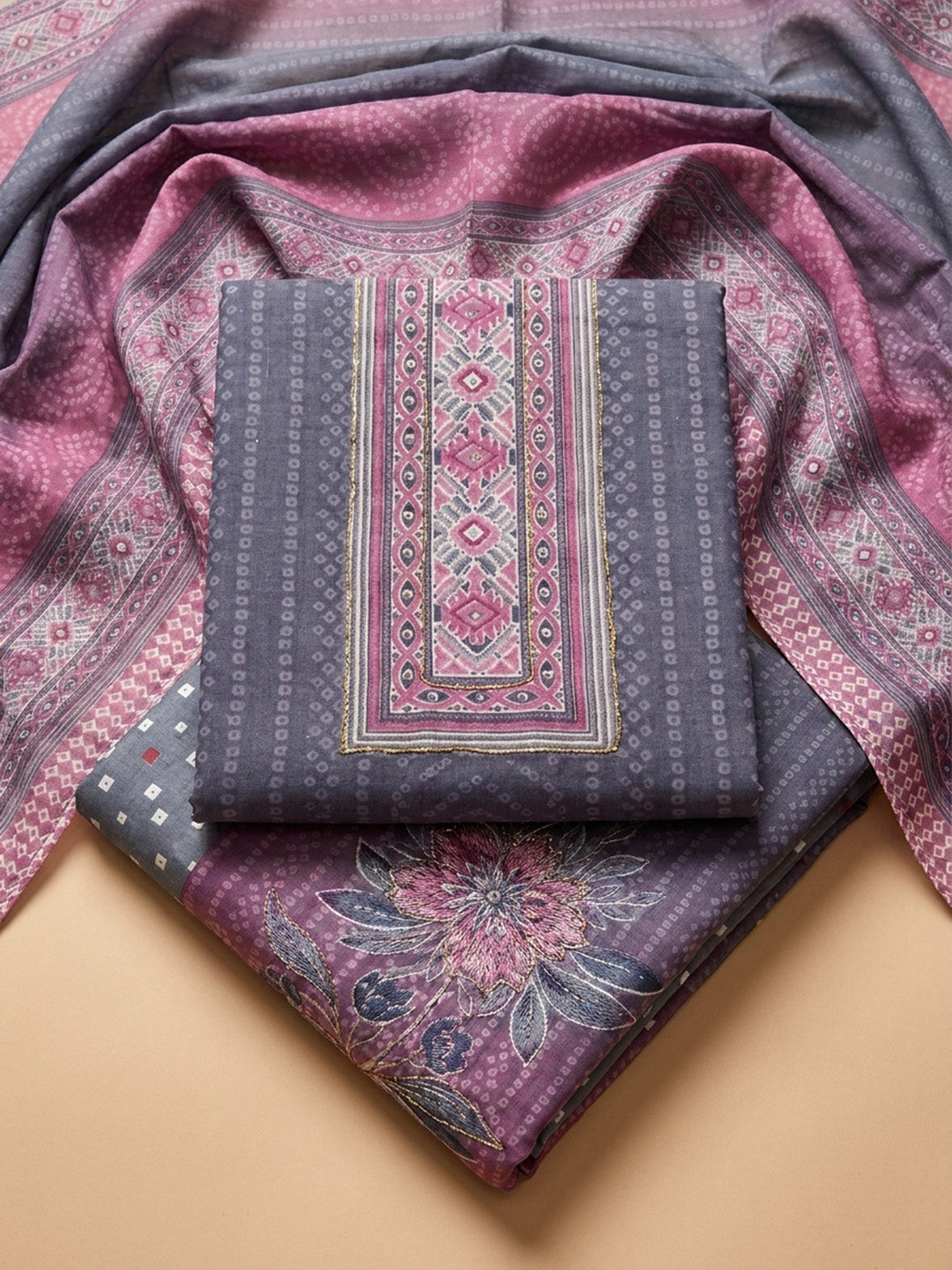 Purple Printed Cotton Blend Unstitched Dress Material