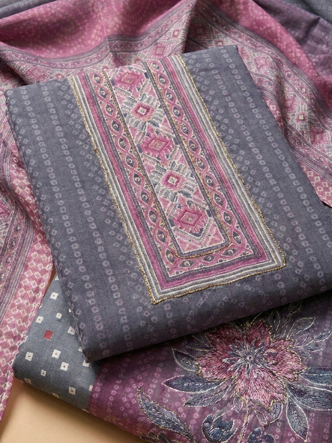 Purple Printed Cotton Blend Unstitched Dress Material
