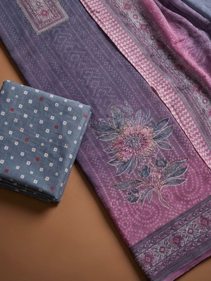 Purple Printed Cotton Blend Unstitched Dress Material
