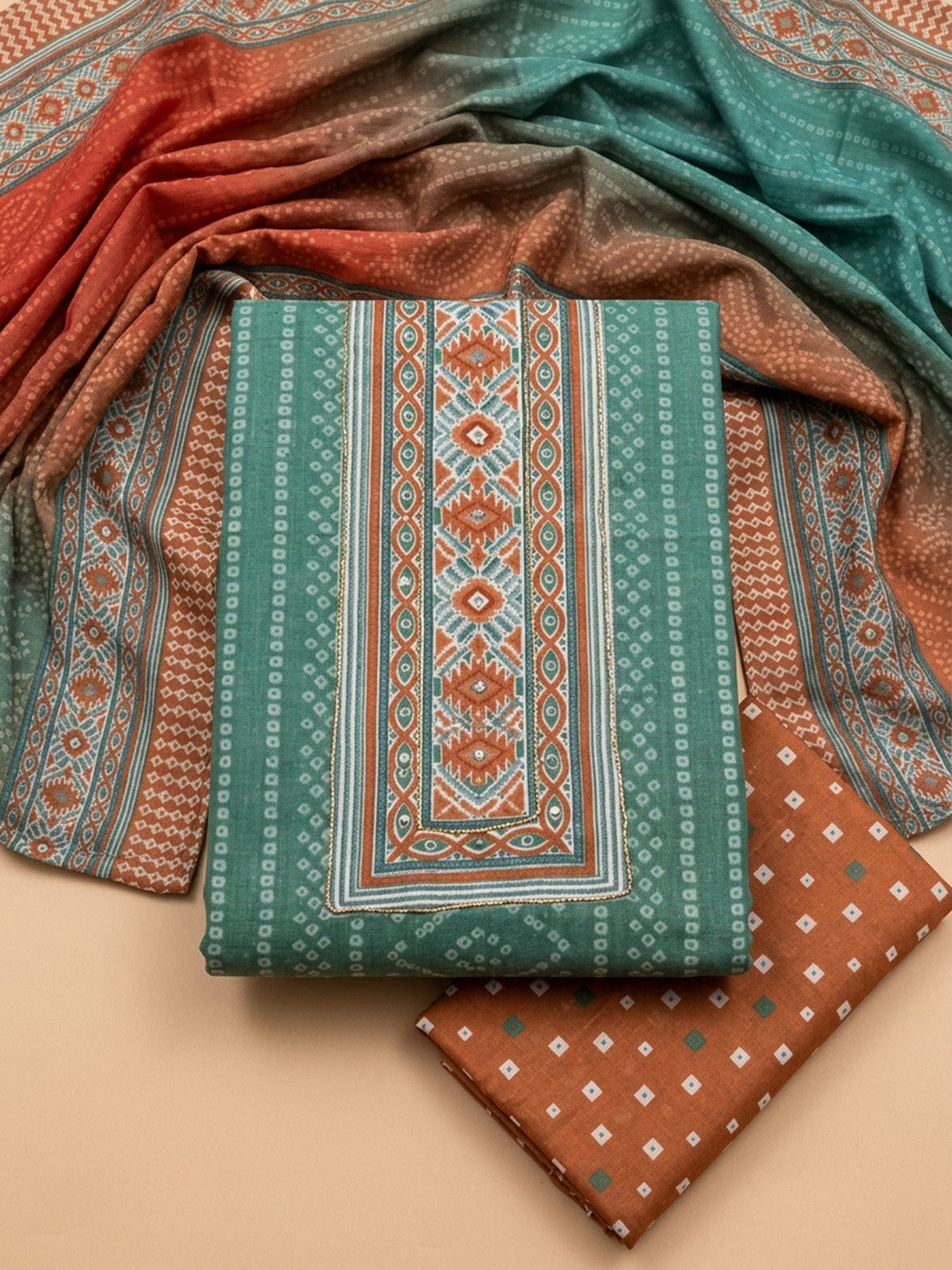 Sea Green Printed Cotton Blend Unstitched Dress Material