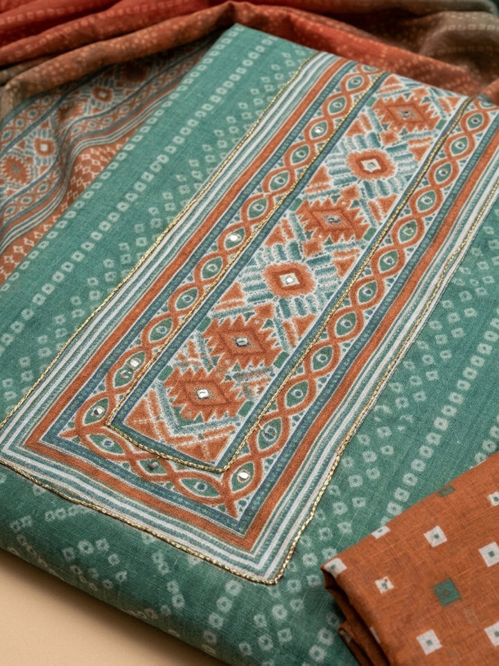 Sea Green Printed Cotton Blend Unstitched Dress Material