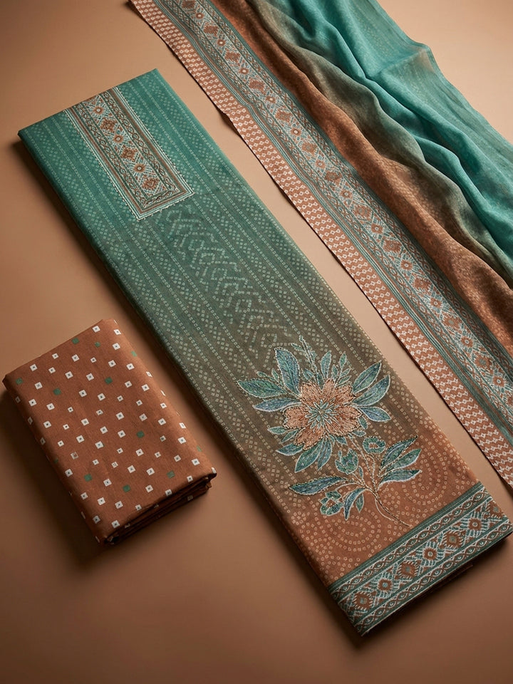 Sea Green Printed Cotton Blend Unstitched Dress Material