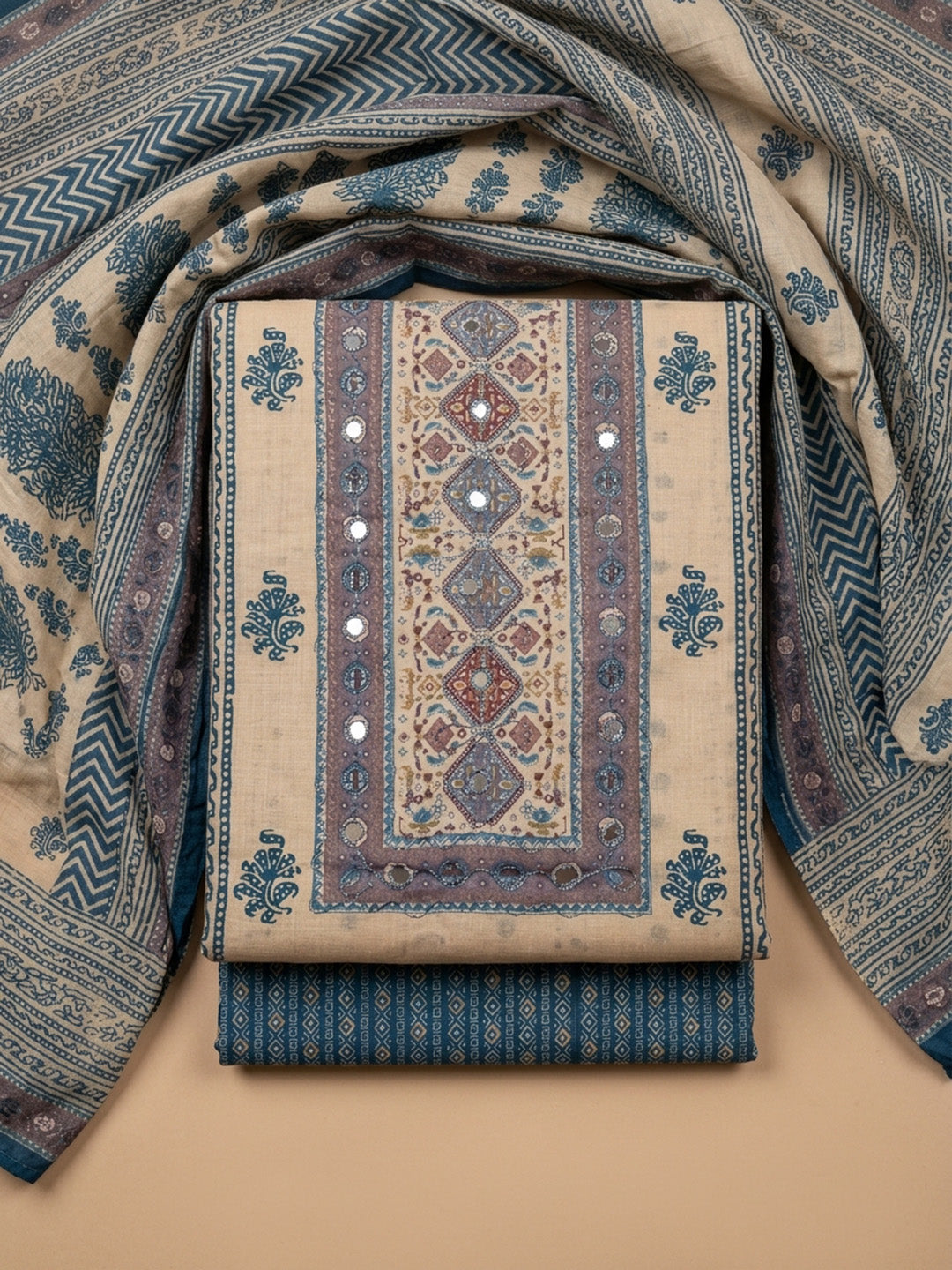 Blue Lt Printed Cotton Blend Unstitched Dress Material