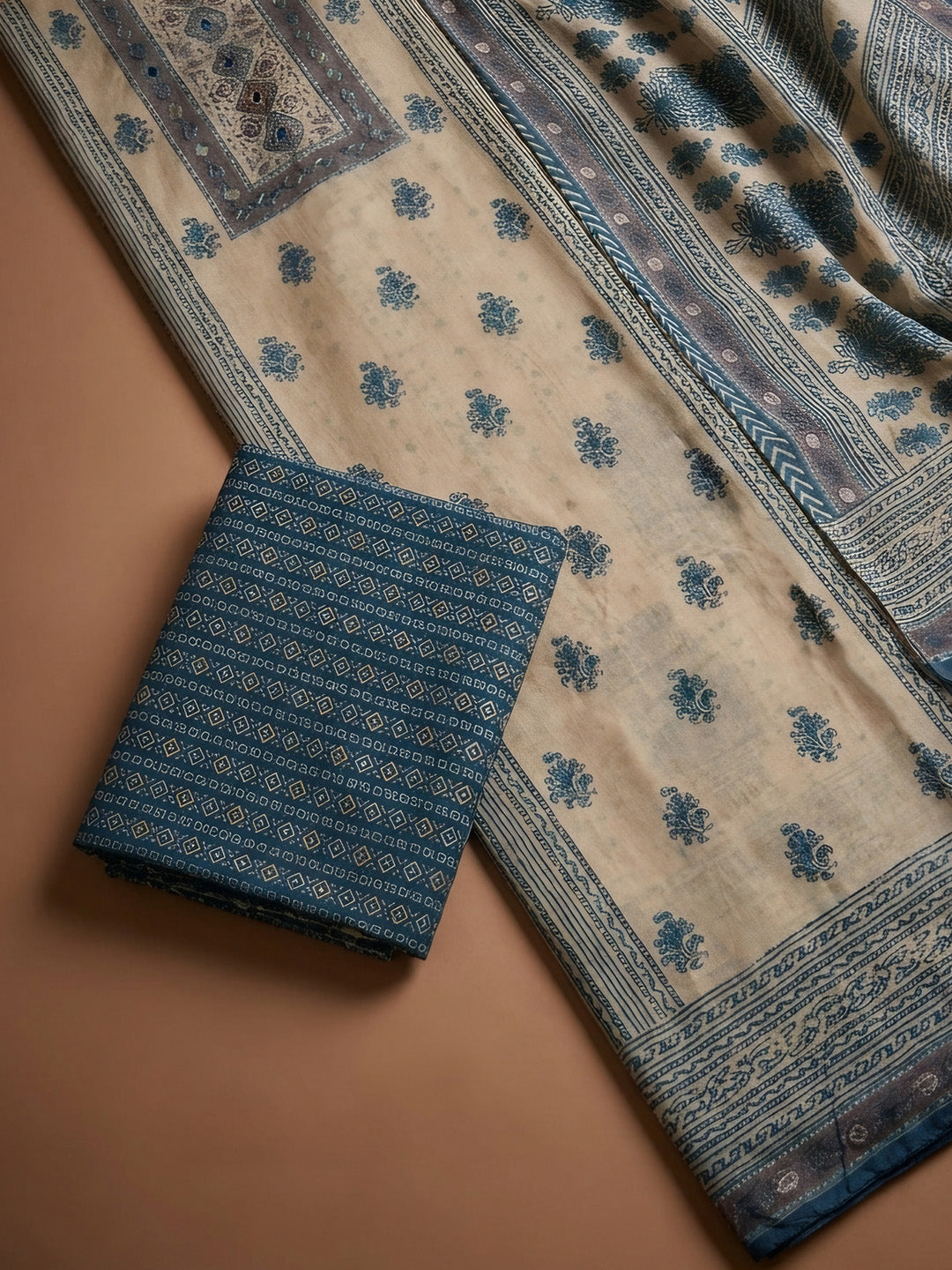 Blue Lt Printed Cotton Blend Unstitched Dress Material