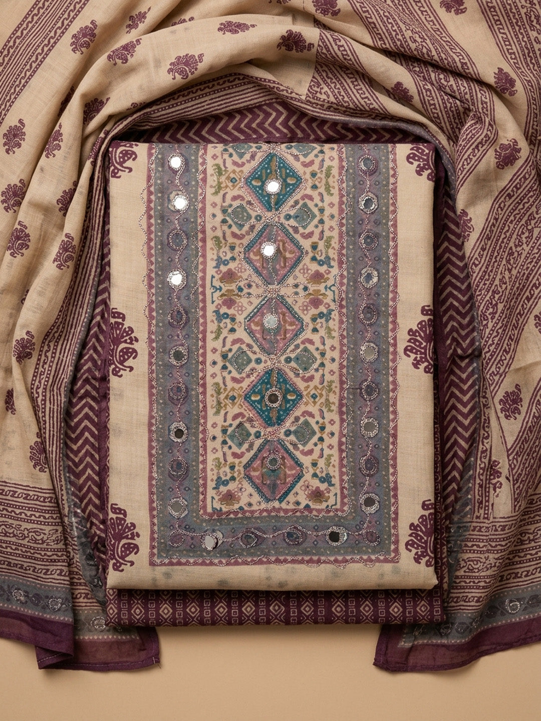 Purple Printed Cotton Blend Unstitched Dress Material