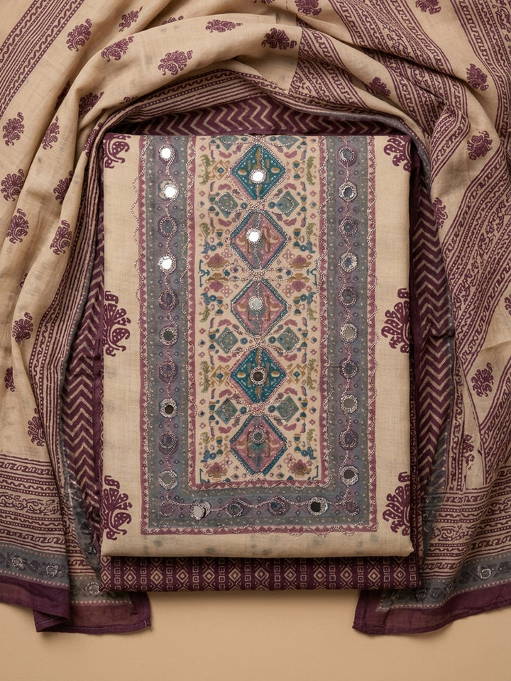 Purple Printed Cotton Blend Unstitched Dress Material