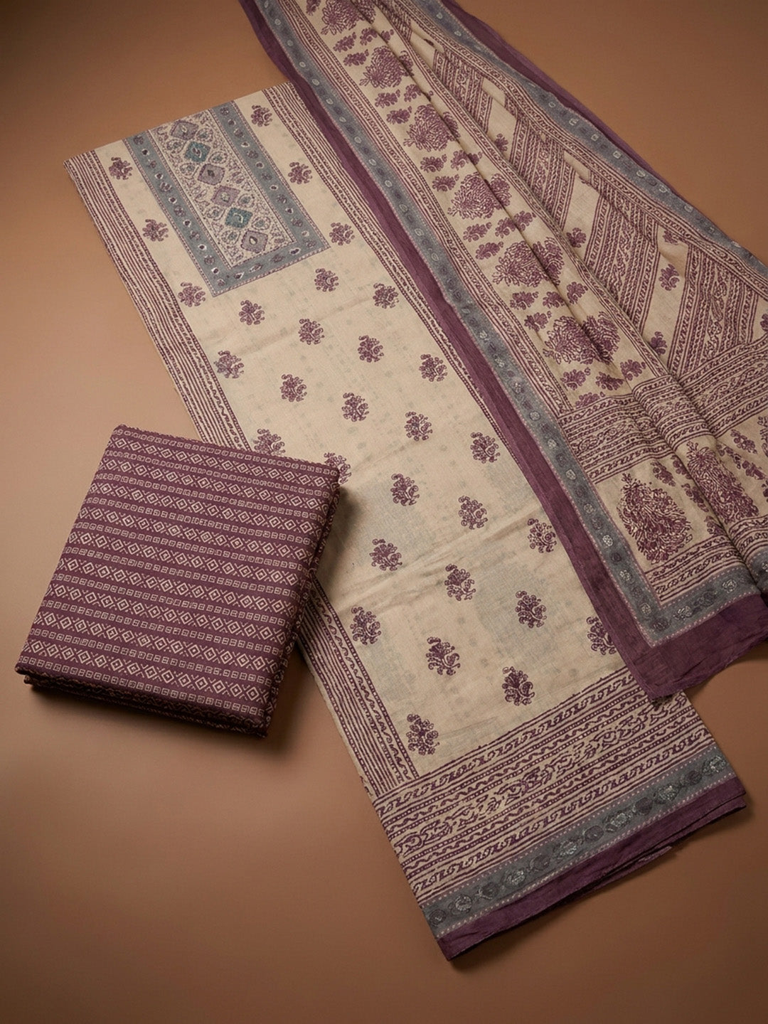 Purple Printed Cotton Blend Unstitched Dress Material