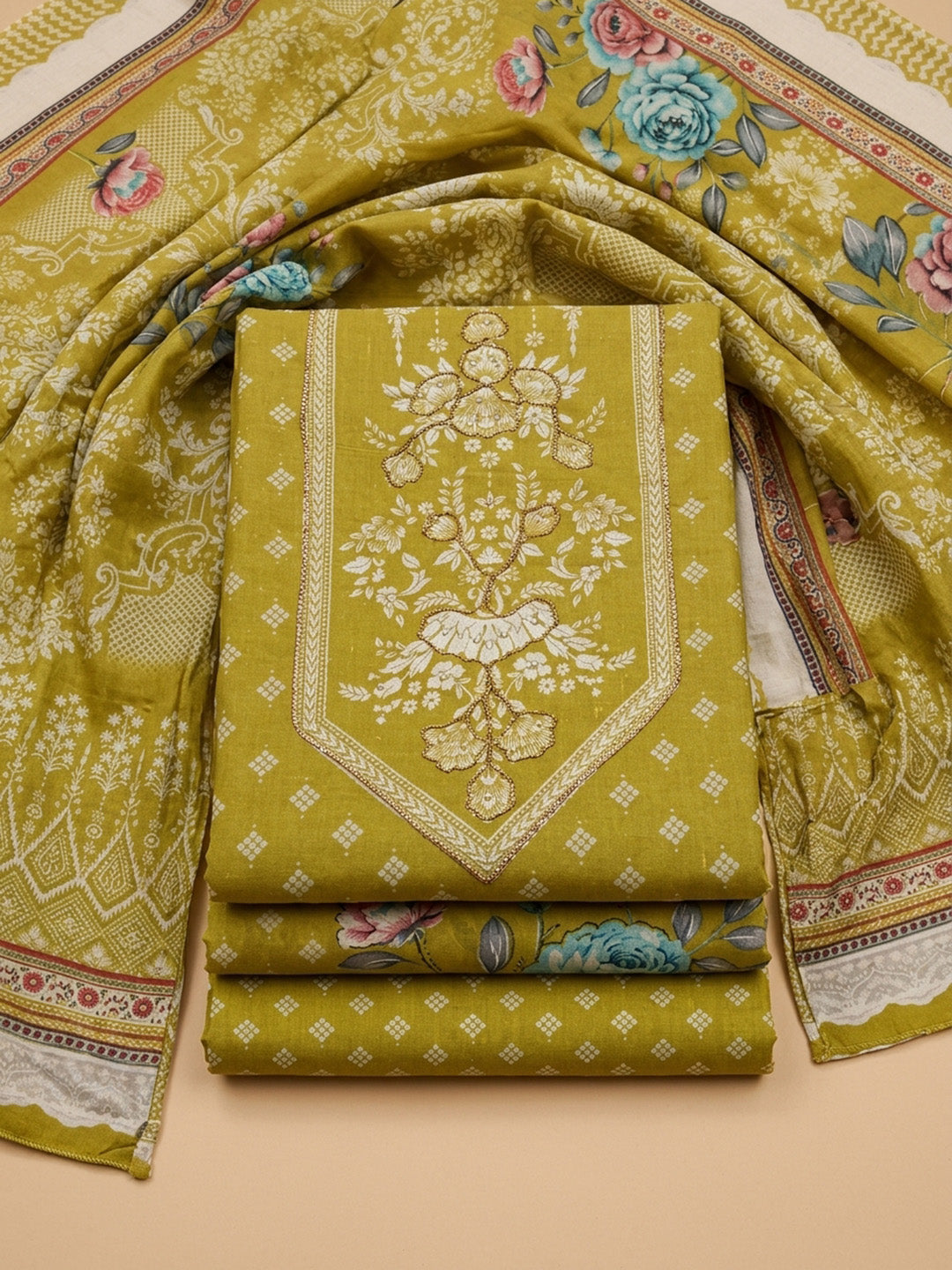 Lemon Printed Cotton Blend Unstitched Dress Material