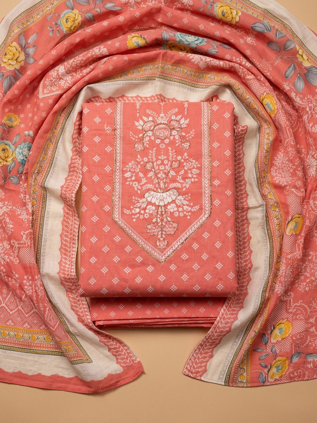 Peach Printed Cotton Blend Unstitched Dress Material