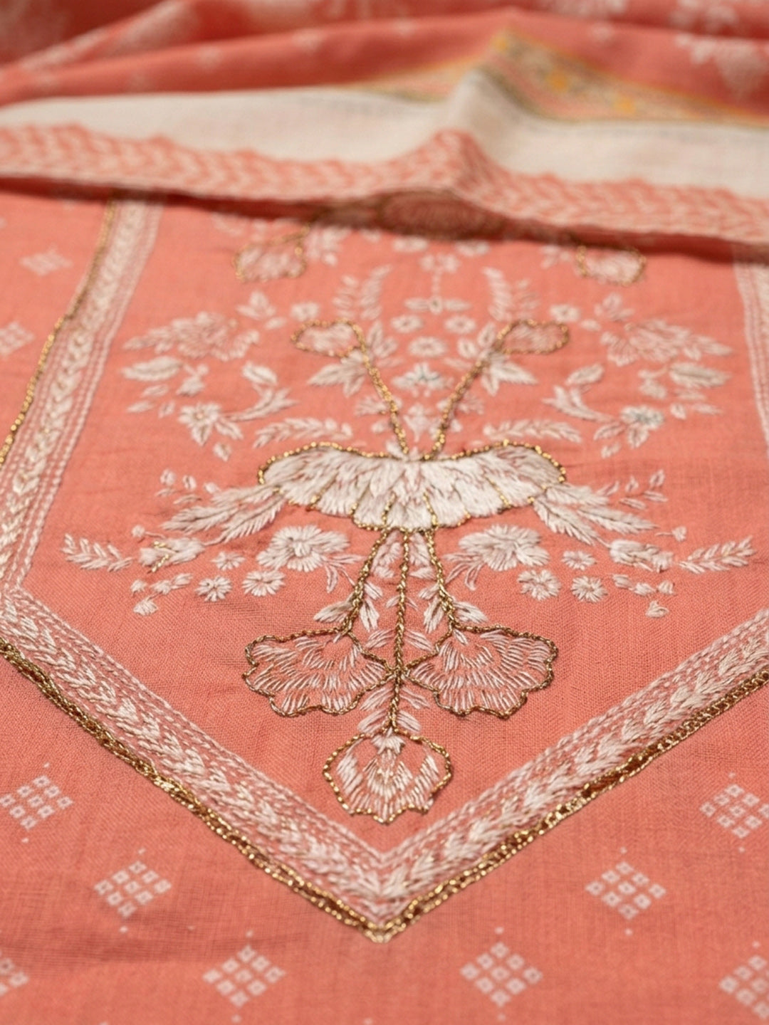 Peach Printed Cotton Blend Unstitched Dress Material