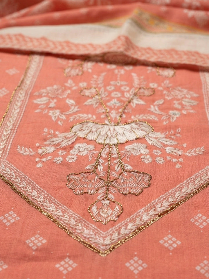 Peach Printed Cotton Blend Unstitched Dress Material