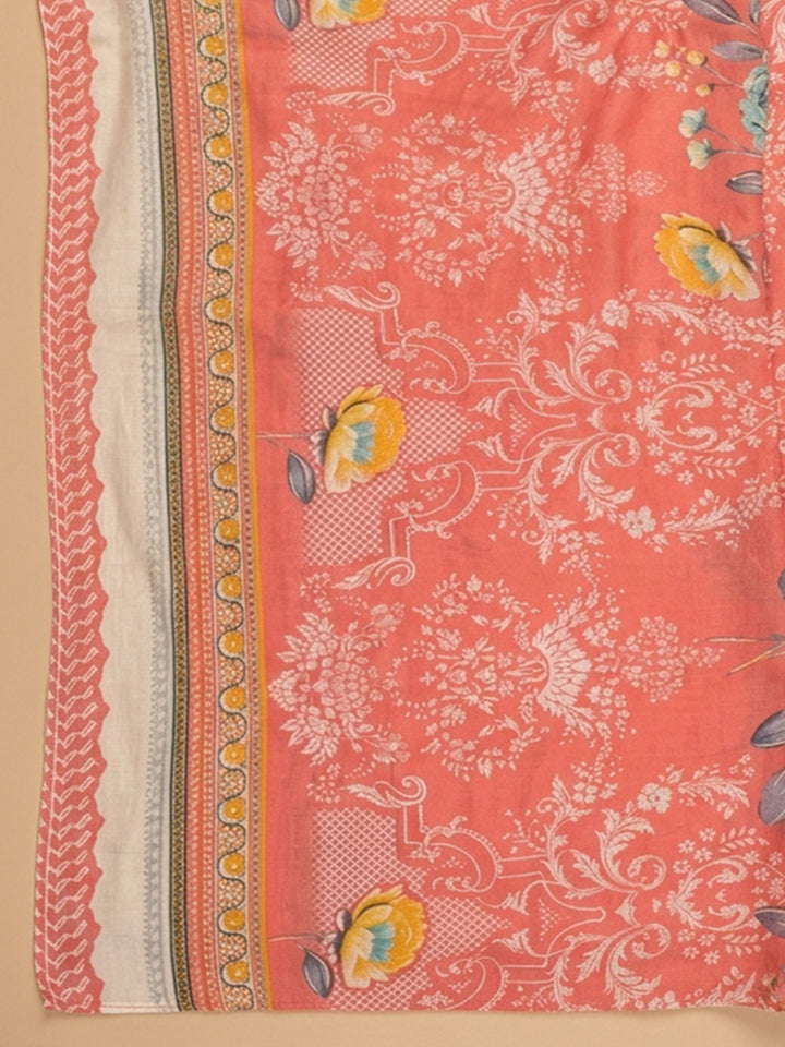 Peach Printed Cotton Blend Unstitched Dress Material