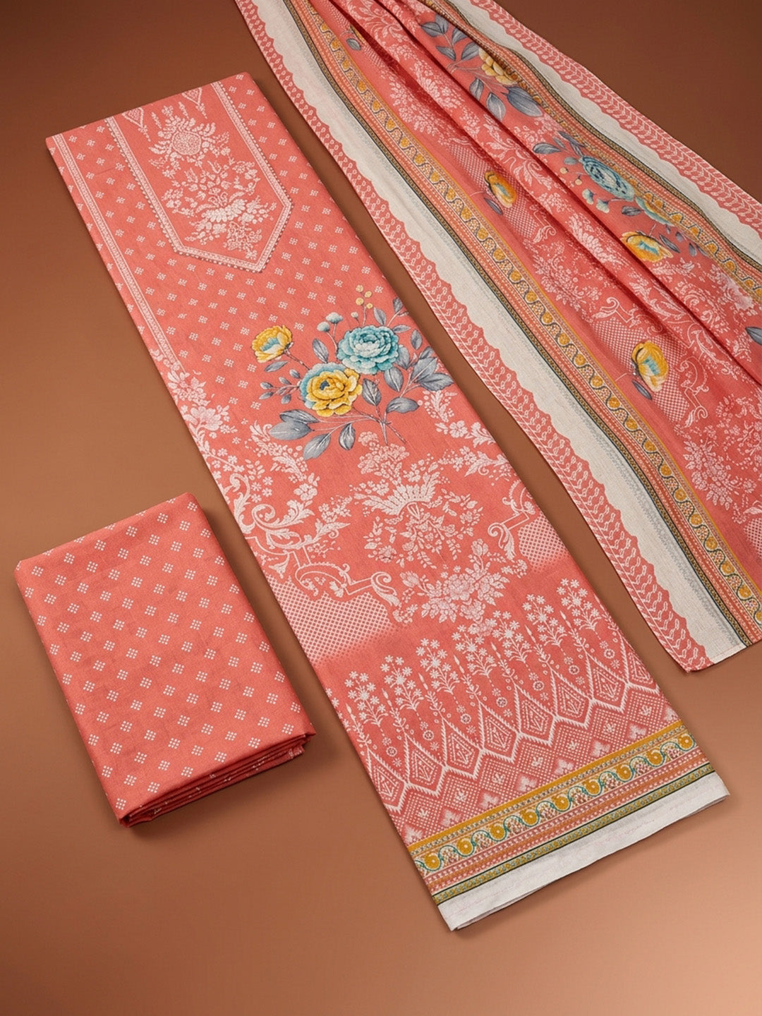 Peach Printed Cotton Blend Unstitched Dress Material