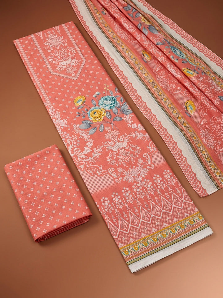 Peach Printed Cotton Blend Unstitched Dress Material