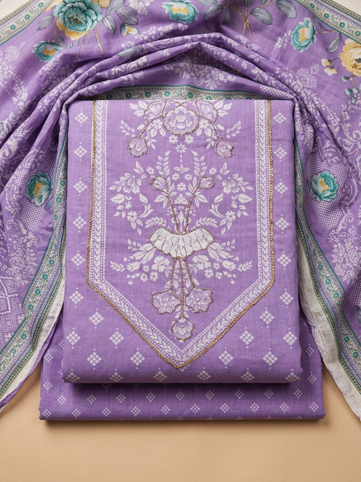 Purple Printed Cotton Blend Unstitched Dress Material