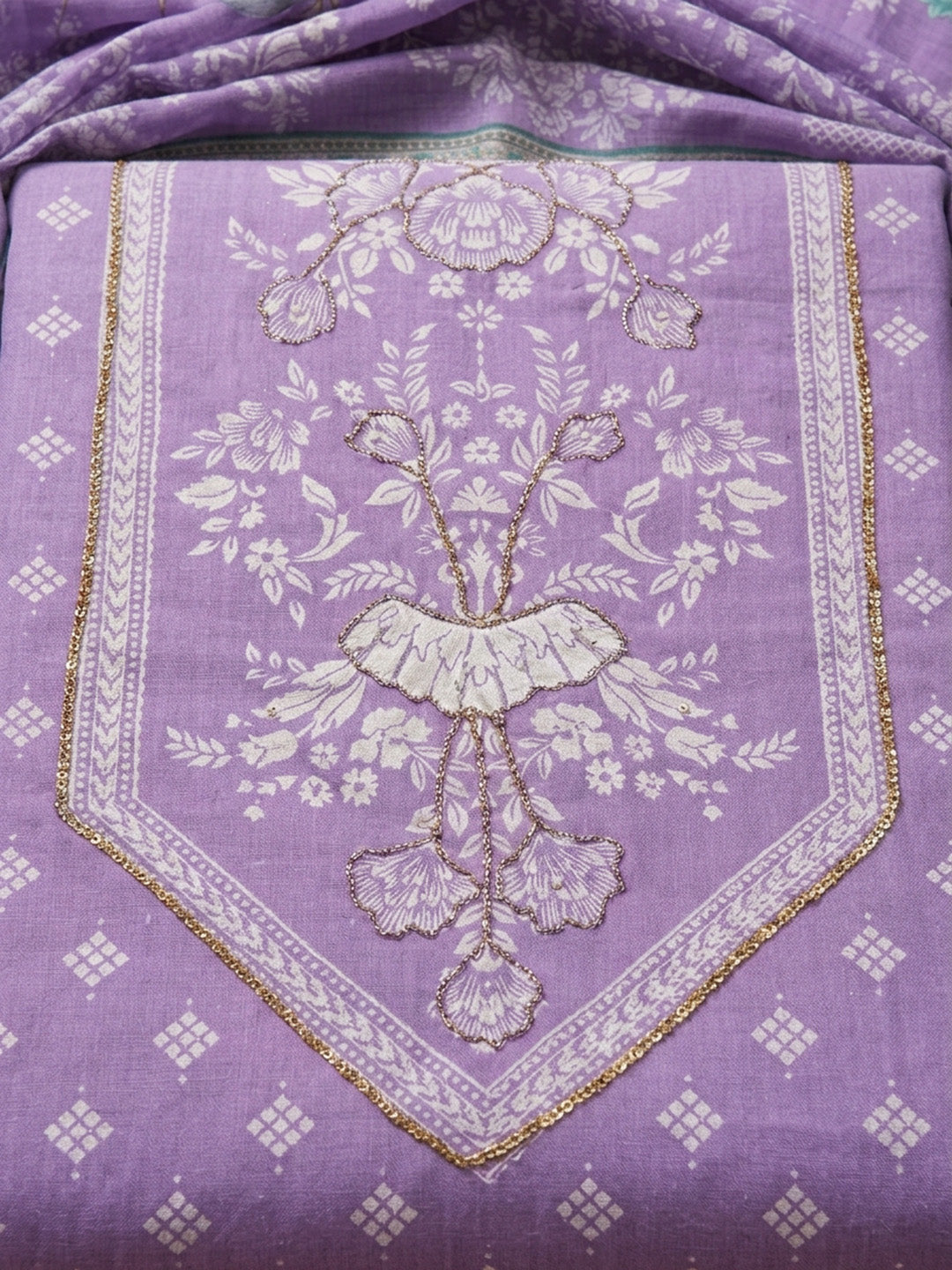 Purple Printed Cotton Blend Unstitched Dress Material