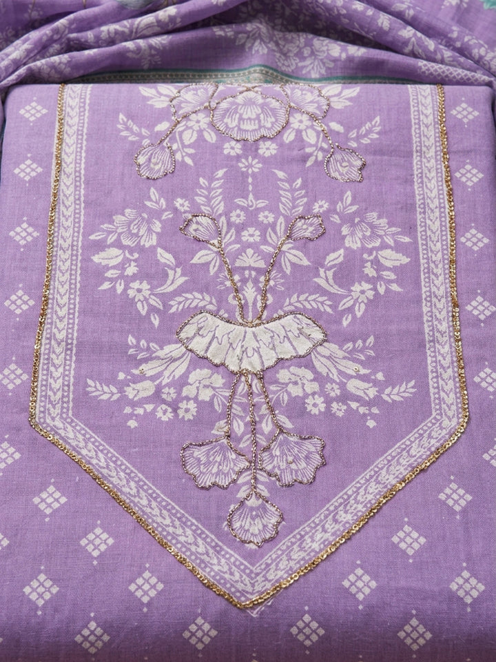 Purple Printed Cotton Blend Unstitched Dress Material