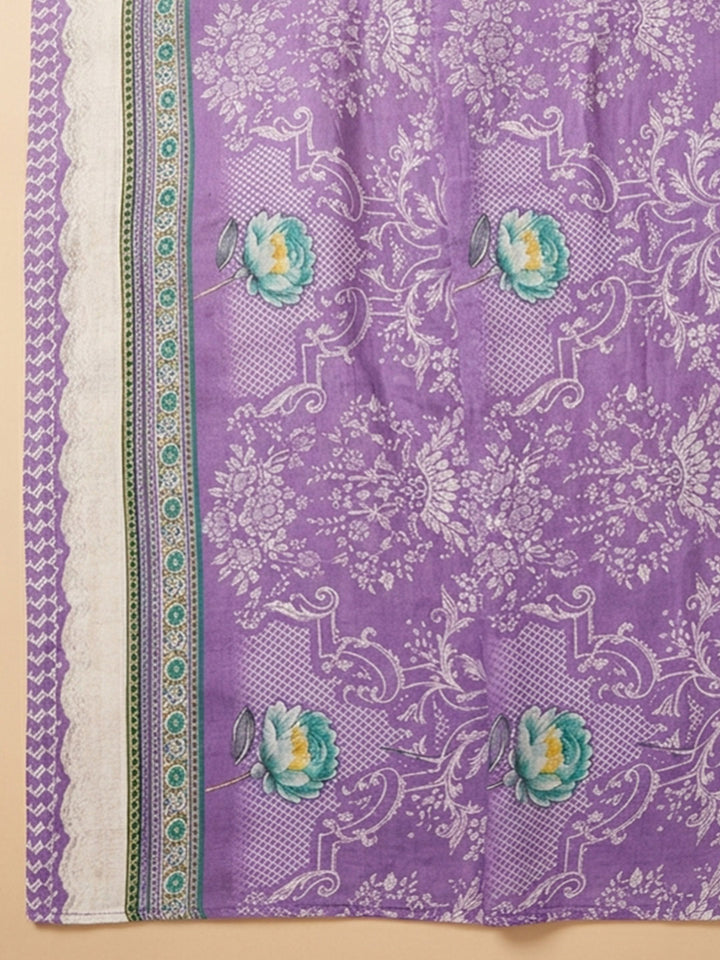 Purple Printed Cotton Blend Unstitched Dress Material