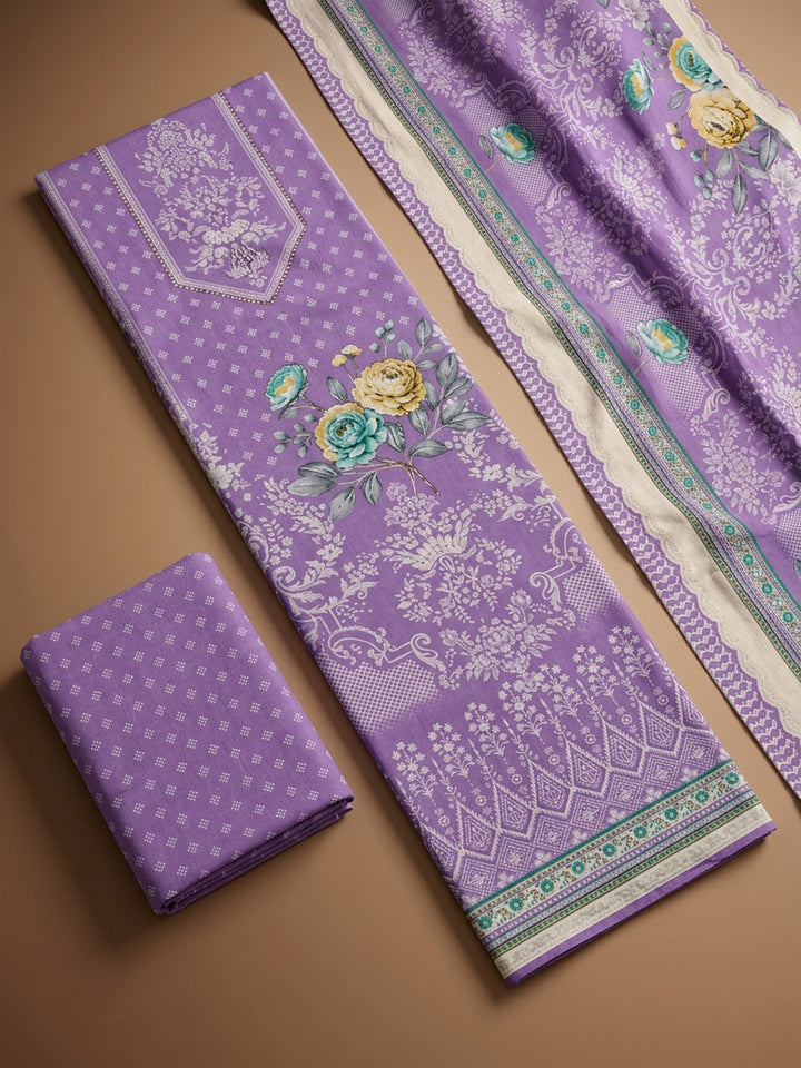 Purple Printed Cotton Blend Unstitched Dress Material
